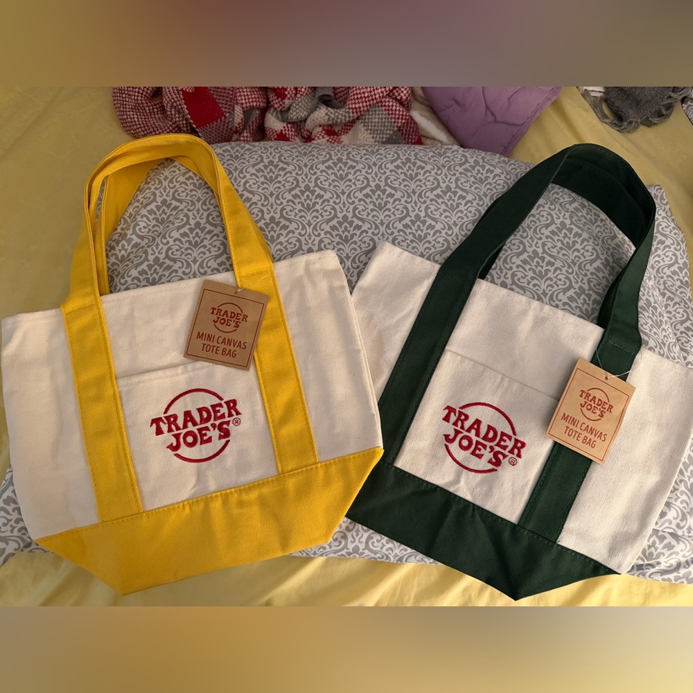Trader Joe's Mini Canvas Tote Bags - Yellow and Green Set of 2 💛🍀